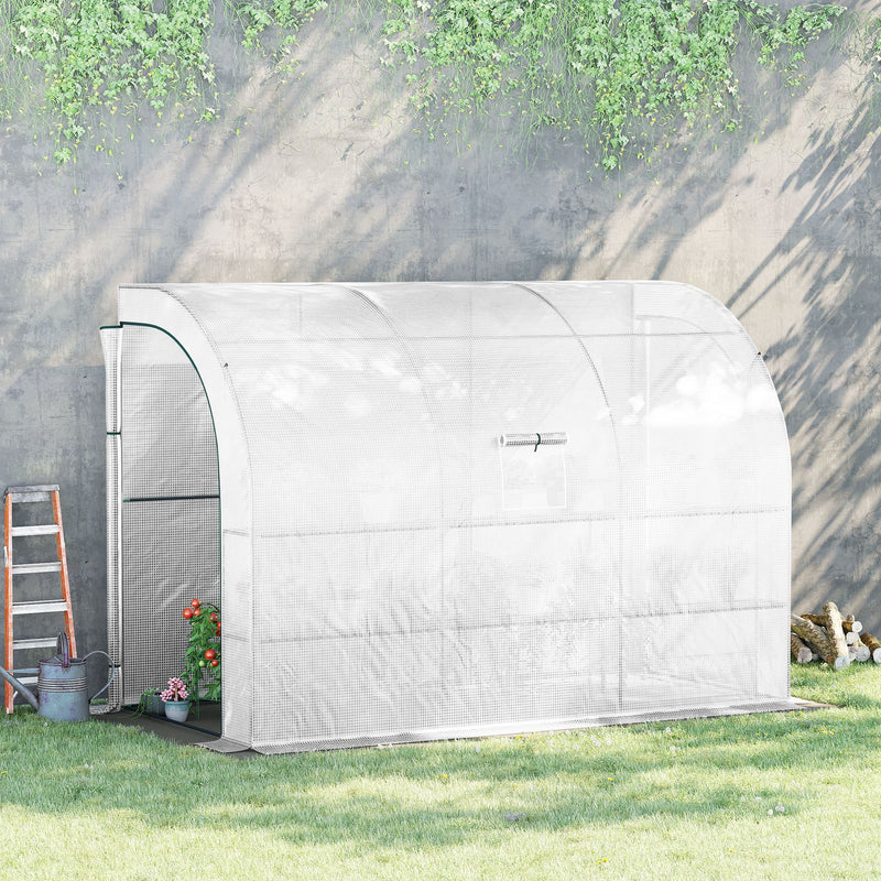 Outdoor Walk-In Greenhouse, Plant Nursery with Zippered Doors, PE Cover and 3-Tier Shelves, White, 300 x 150 x 213 cm