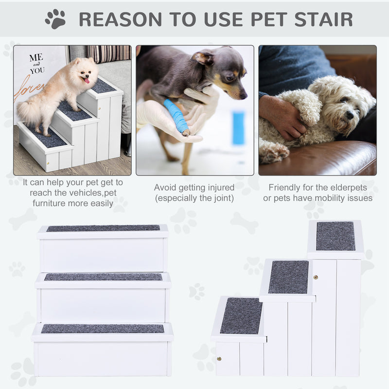 3 Step Wooden Carpeted Pet Stairs Ramp for Cats and Small Dogs with Non-Slip Carpet & Small Footprint, White