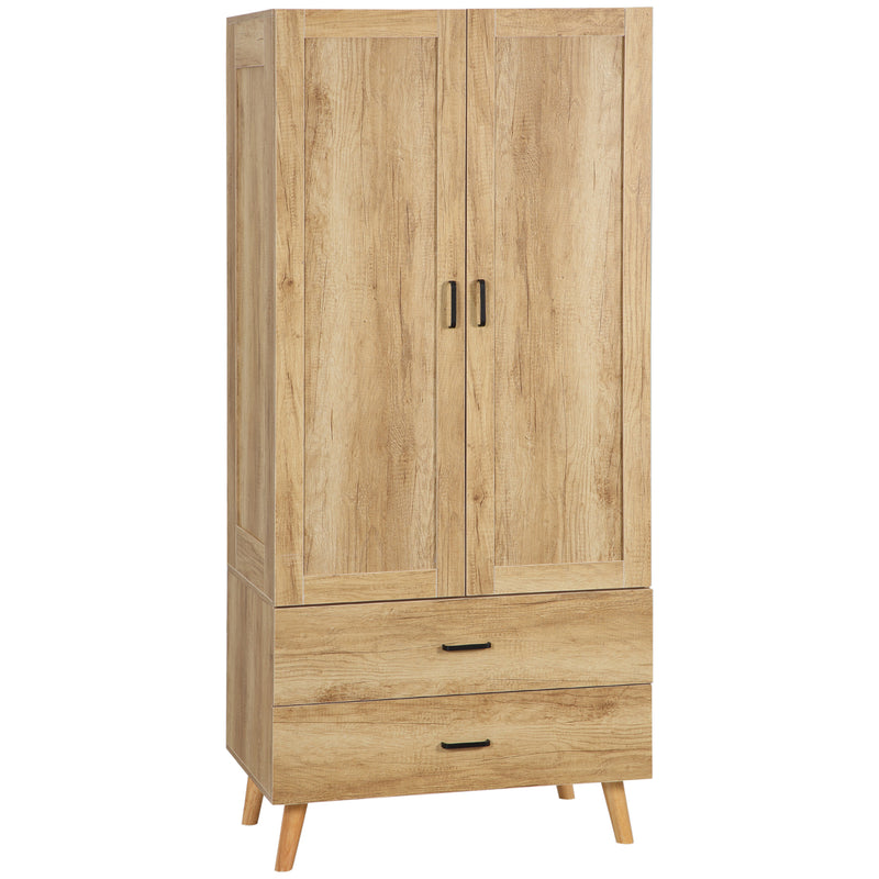 2 Door Wardrobe, Modern Wardrobe with 2 Drawer and Hanging Rail for Bedroom, Natural