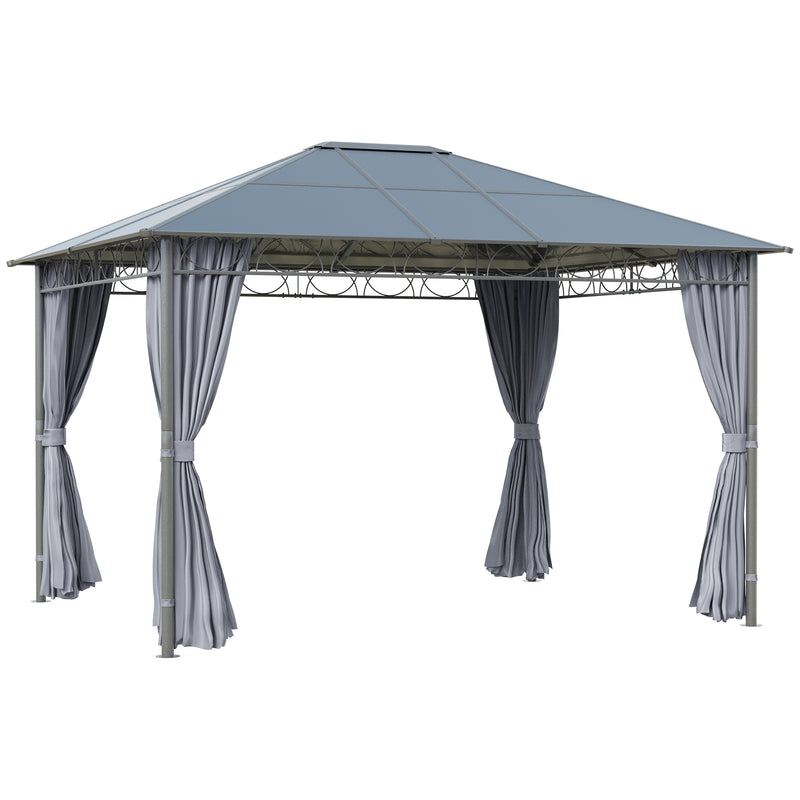 3.6 x 3(m) Hardtop Gazebo with UV Resistant Polycarbonate Roof, Steel & Aluminum Frame, Garden Pavilion with Curtains, Grey