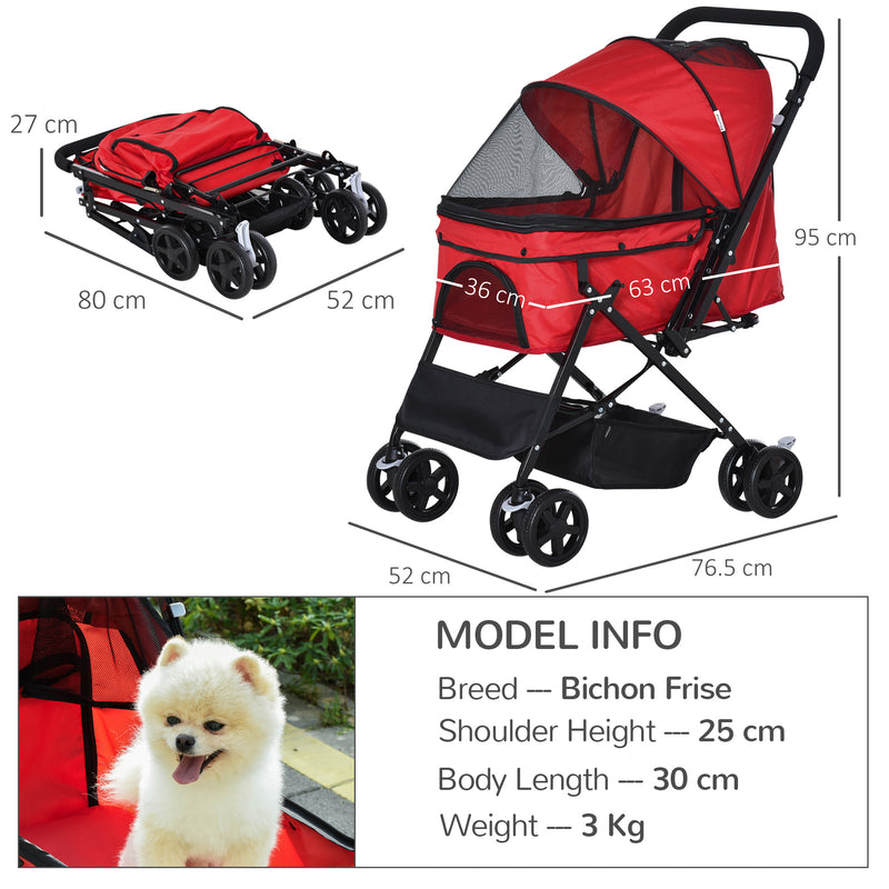 Pet Stroller Dog Travel Pushchair Foldable Jogger with Reversible Handle EVA Wheel Brake Basket Adjustable Canopy Safety Leash Red