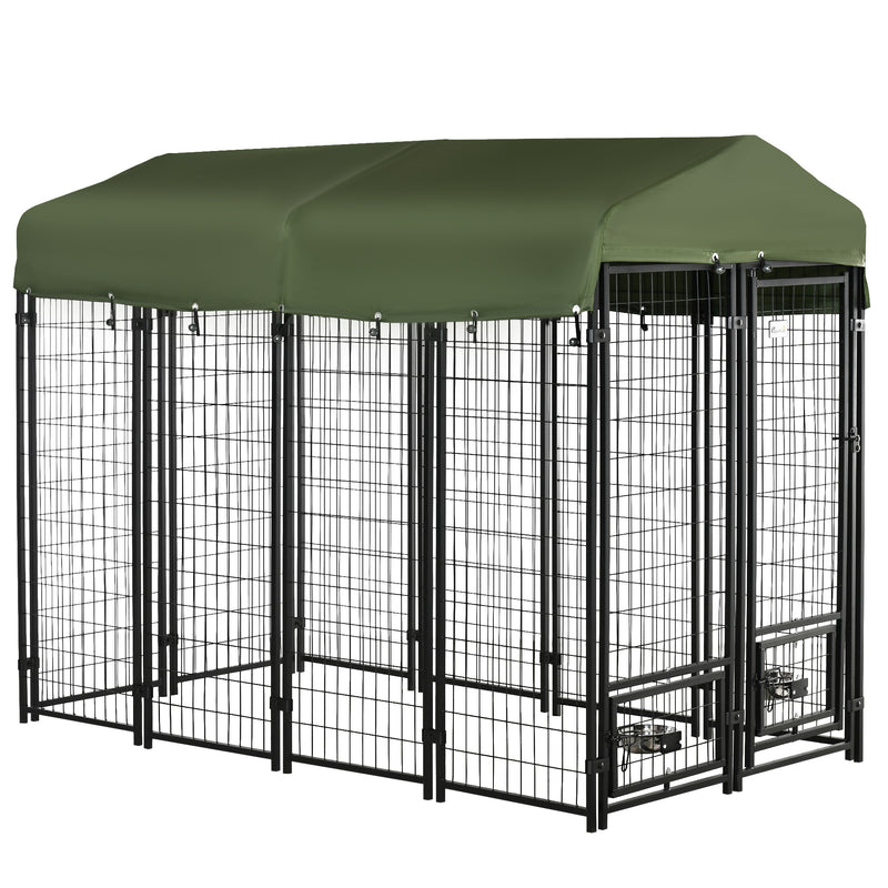 Outdoor Dog Kennel, Lockable Pet Playpen Crate, Welded Wire Steel Fence, with Water-, UV-Resistant Canopy, Rotating Bowl Holders 8x4x6ft Green