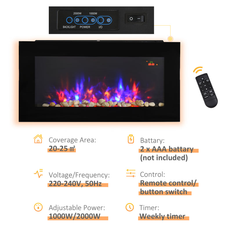 1000W/2000W LED Electric Fireplace w/ Automatic Function Remote Faux Flame Wall Home Heater Backlight Timer Sleek Stylish