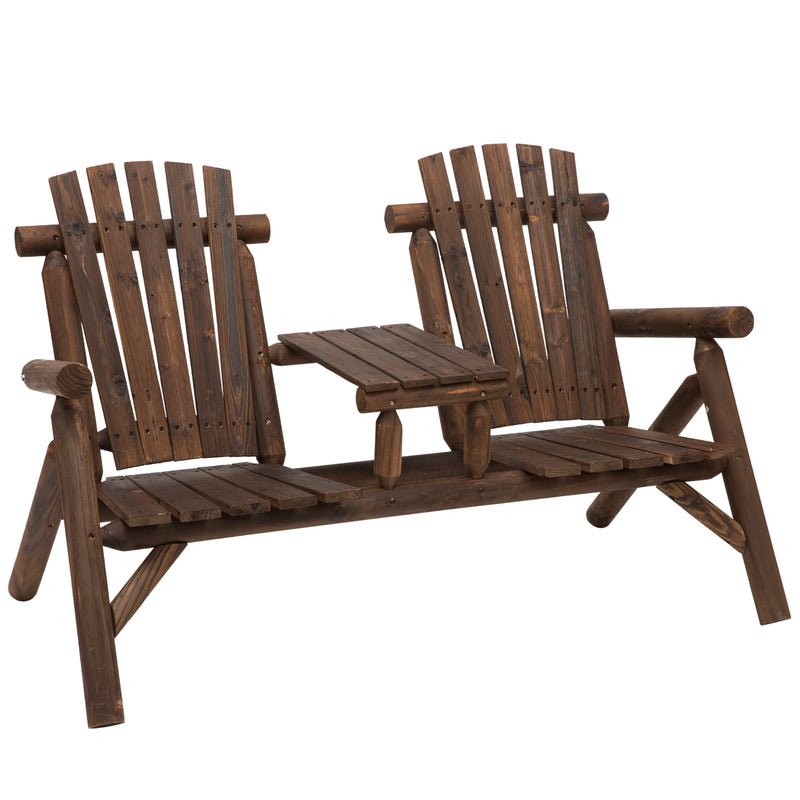 Wood Patio Chair Bench 2 Seats with Center Coffee Table, Garden Loveseat Bench Backyard, Perfect for Lounging Relaxing Outdoors, Carbonized