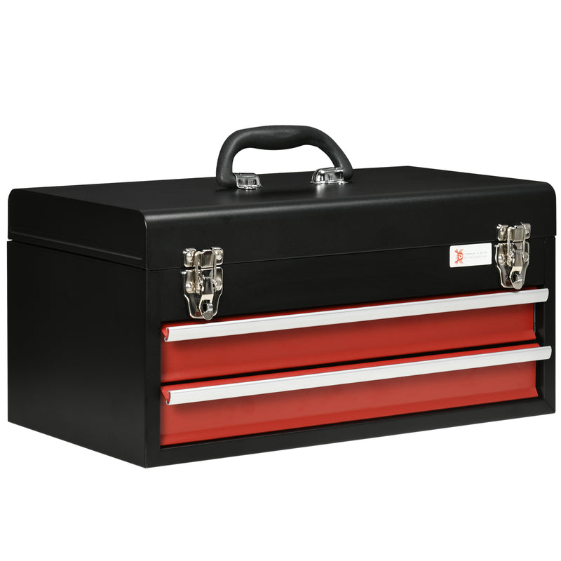 2 Drawer Tool Chest, Lockable Metal Tool Box with Ball Bearing Runners, Portable Toolbox, 460mm x 240mm x 220mm