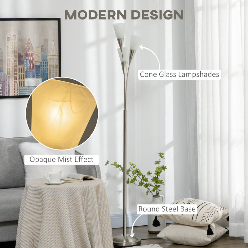 3-Light Upright Floor Lamps for Living Room, Modern Standing Lamp for Bedroom with Steel Base, (Bulb not Included), Silver