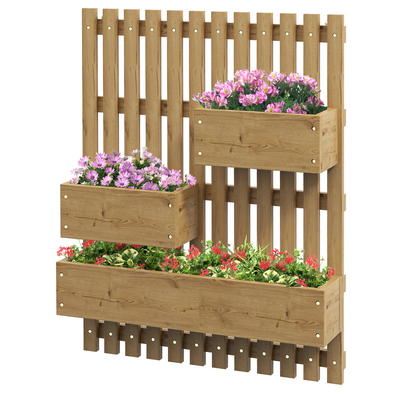 Wall-mounted Wooden Garden Planters with Trellis, Drainage Holes and 3 Planter Boxes for Patio, Carbonised