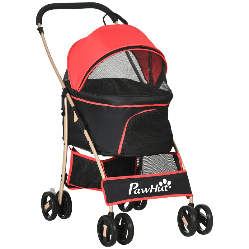 Pet Stroller Detachable 3-In-1 Dog Pushchair Cat Travel Carriage Foldable Bag w/ Universal Wheel, Brake Canopy for XS & S Sized Pets, Red