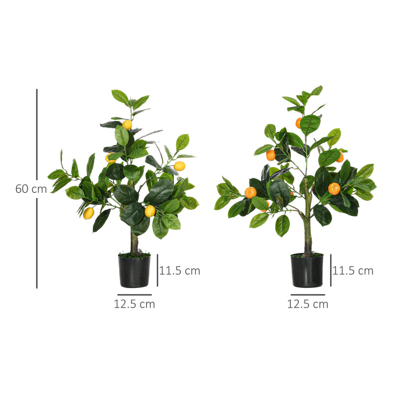 Set of 2 Artificial Plants, Lemon and Orange Tree with Pot, for Home Indoor Outdoor Decor, 60cm