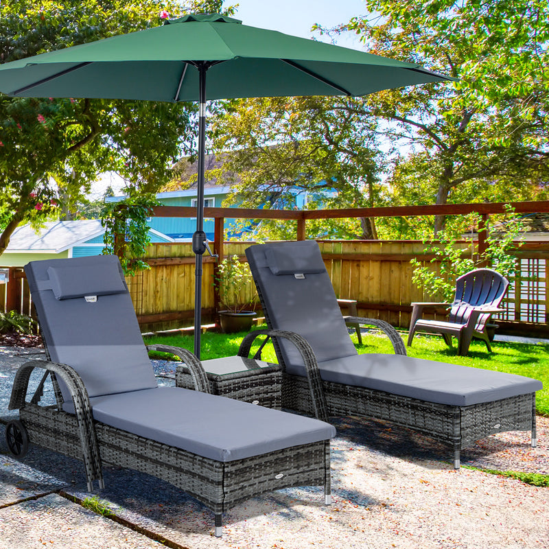 3 Pieces Rattan Sun Loungers, Garden Wicker Wheeling Recliner , PE Rattan Lounge Chairs w/ Cushions & Side Coffee Table Grey