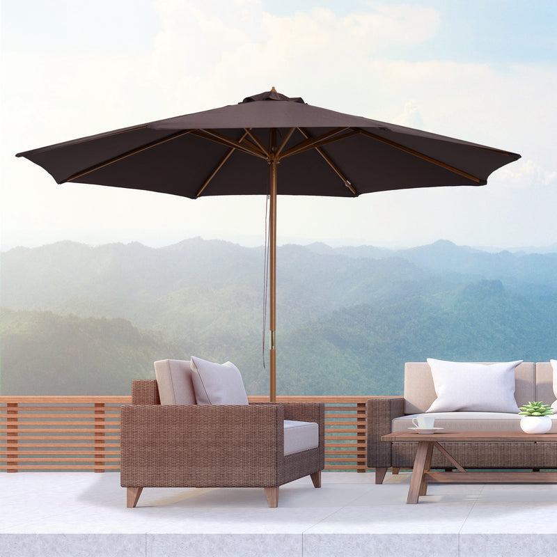 ⌀3m Bamboo Wooden Market Patio Umbrella Garden Parasol Outdoor Sunshade Canopy, 8-ribs,Coffee