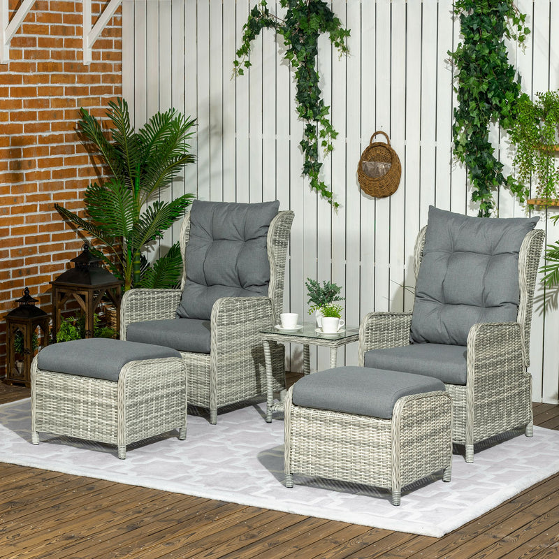 5 Pieces PE Rattan Sun Lounger Set, Outdoor Half-round Wicker Recliner Sofa Bed with Glass Top Two-tier Table and Footstools, Mixed Grey