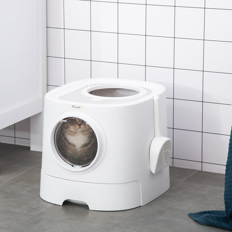 Cat Litter Box Portable Pet Toilet Fully Enclosed Kitten Pan w/ Scoop, White