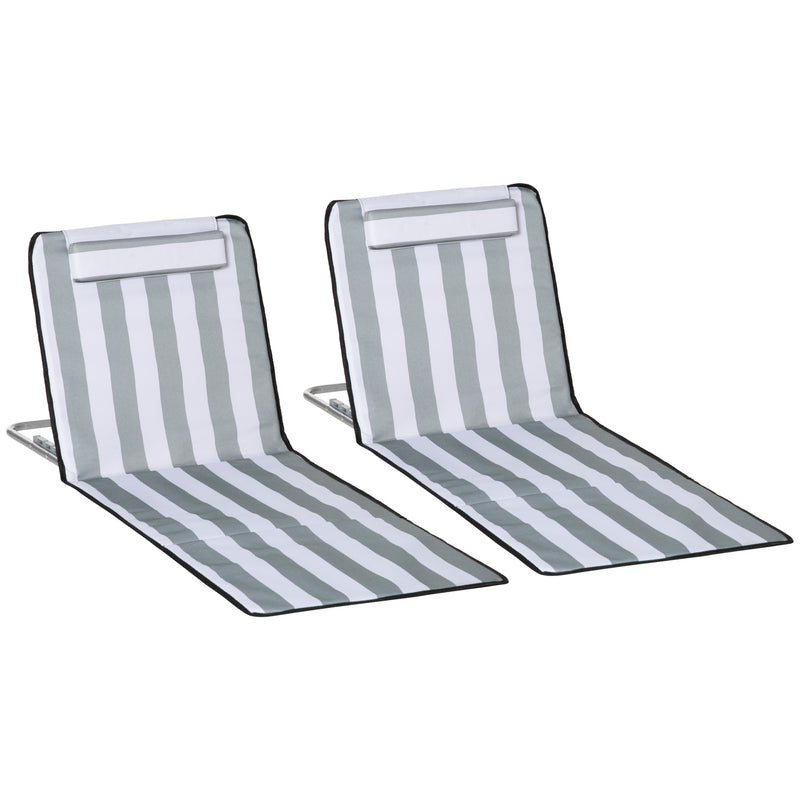 Set of 2 Foldable Garden Beach Chair Mat Lightweight Outdoor Sun Lounger Seats Adjustable Back Metal Frame PE Fabric Head Pillow, Light Grey