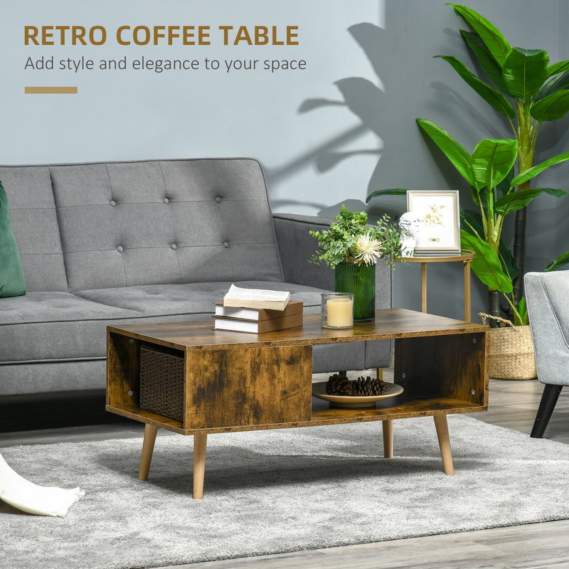 Coffee Table with Open Storage Shelves, Retro Cocktail Table with Solid Wood Legs for Living Room, Rustic Brown