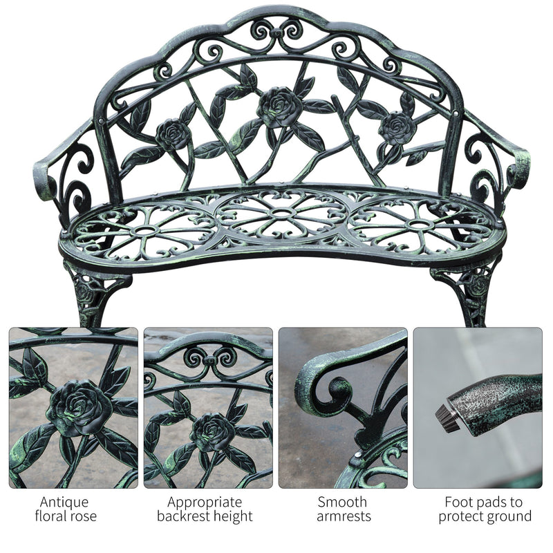 Cast Aluminium Outdoor Garden Patio Antique Rose Style Bench Porch Park Chair Seater - Green