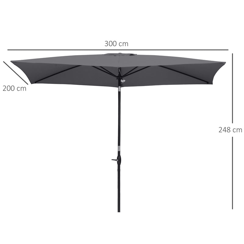 2 x 3(m) Garden Parasols Umbrellas Rectangular Patio Market Umbrella Outdoor Sun Shade w/ Crank & Push Button Tilt, Aluminium Pole Dark Grey