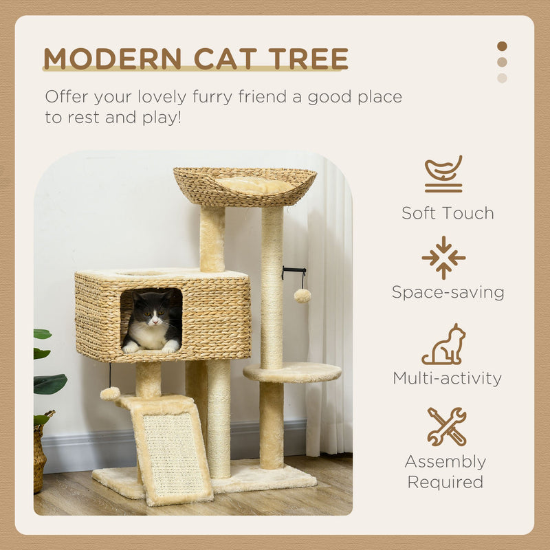 95cm Cat Tree Tower for Indoor Cats, with Scratching Post, Cat House, Toy Ball, Platform - Beige