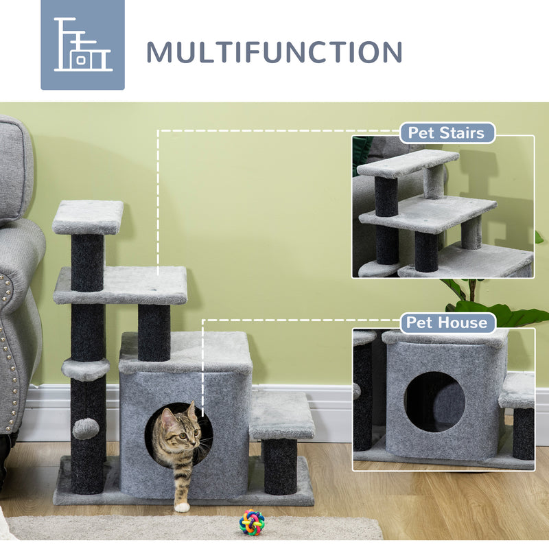 Adjustable Height Cat Stairs for Bed, Cat House with Detachable Cover, Pet Steps for Sofa, 3-Step/ 4-Step w/ Hanging Ball 60 x 40 x 66 cm Grey
