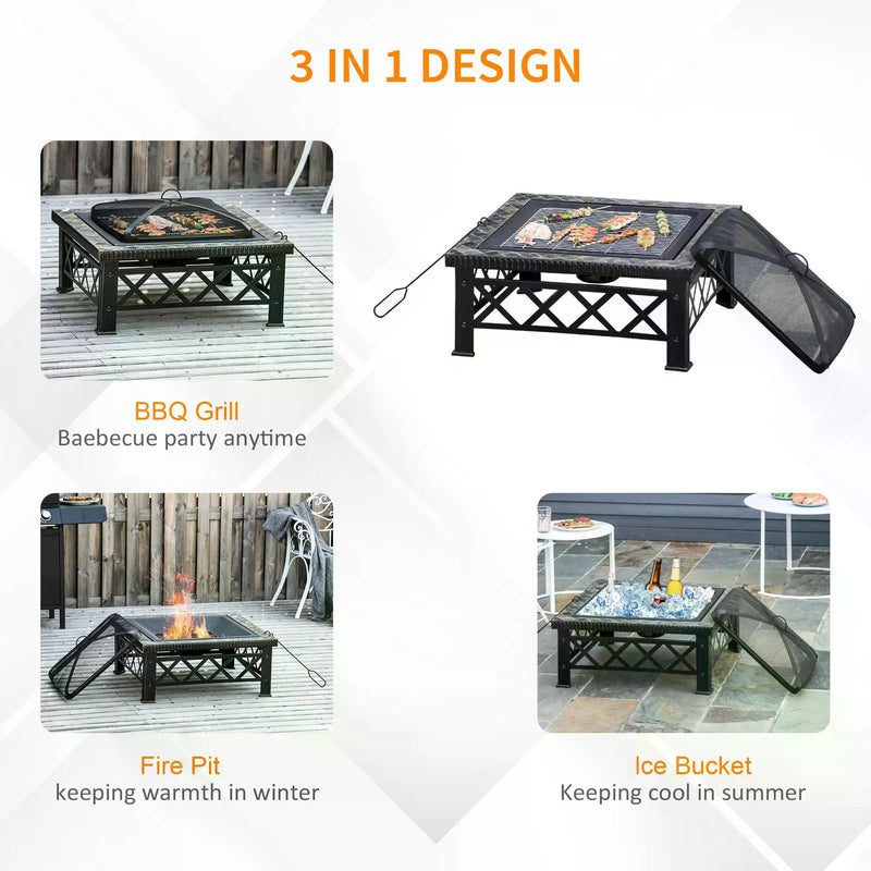 3 in 1 Square Fire Pit Square Table Metal Brazier for Garden, Patio with BBQ Grill Shelf, Spark Screen Cover, Grate, Poker, 76 x 76 x 47cm