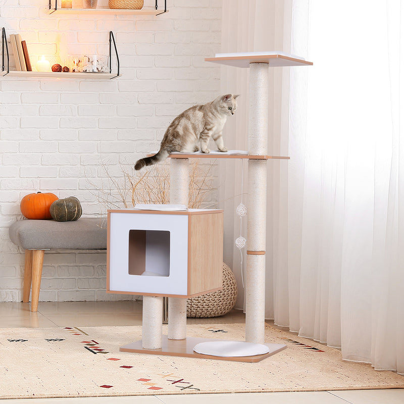 Cat Tree Wooden Cat Scratching Post for Indoor Cats Kitten House Condo Activity Center w/ Cushion Hanging Toy Multi-level