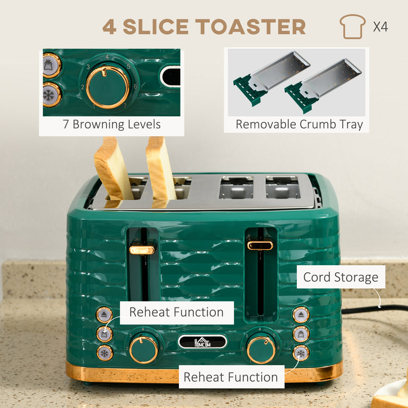 3000W 1.7L Rapid Boil Kettle & 4 Slice Toaster, Kettle and Toaster Set with 7 Browning Controls and Crumb Tray, Green