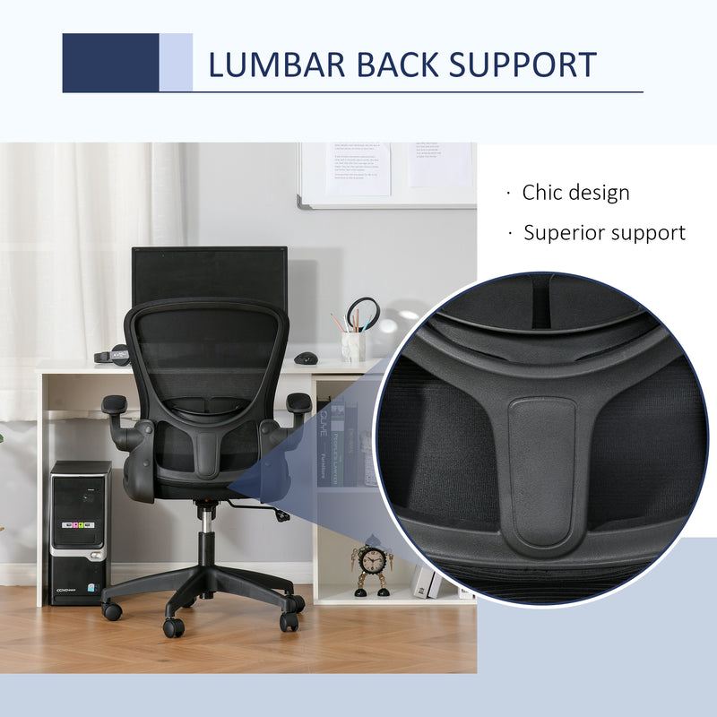 Mesh Office Chair Swivel Task Desk Chair for Home with Lumbar Back Support, Adjustable Height, Flip-Up Arm, Black