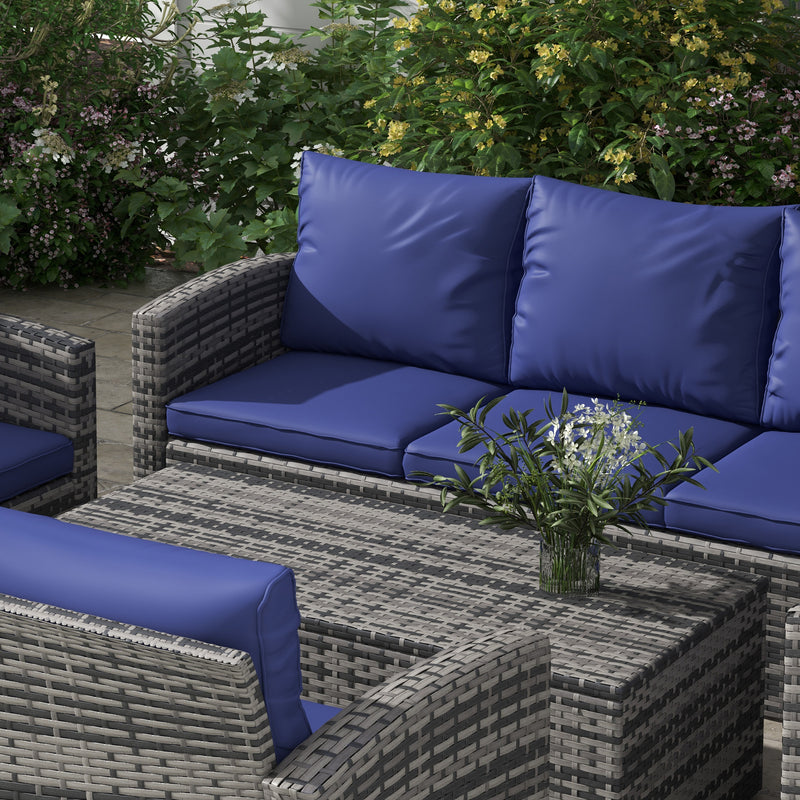6 Pieces Outdoor Rattan Wicker Sofa Set Sectional Patio Conversation Furniture Set w/ Storage Table & Cushion Navy Blue