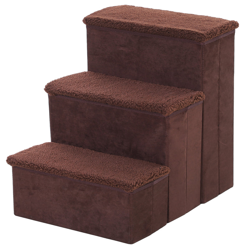 3 Step Pet Stairs Foldable Portable Mobility Assistance w/ Washable Fleece Cover 41x19cm Brown