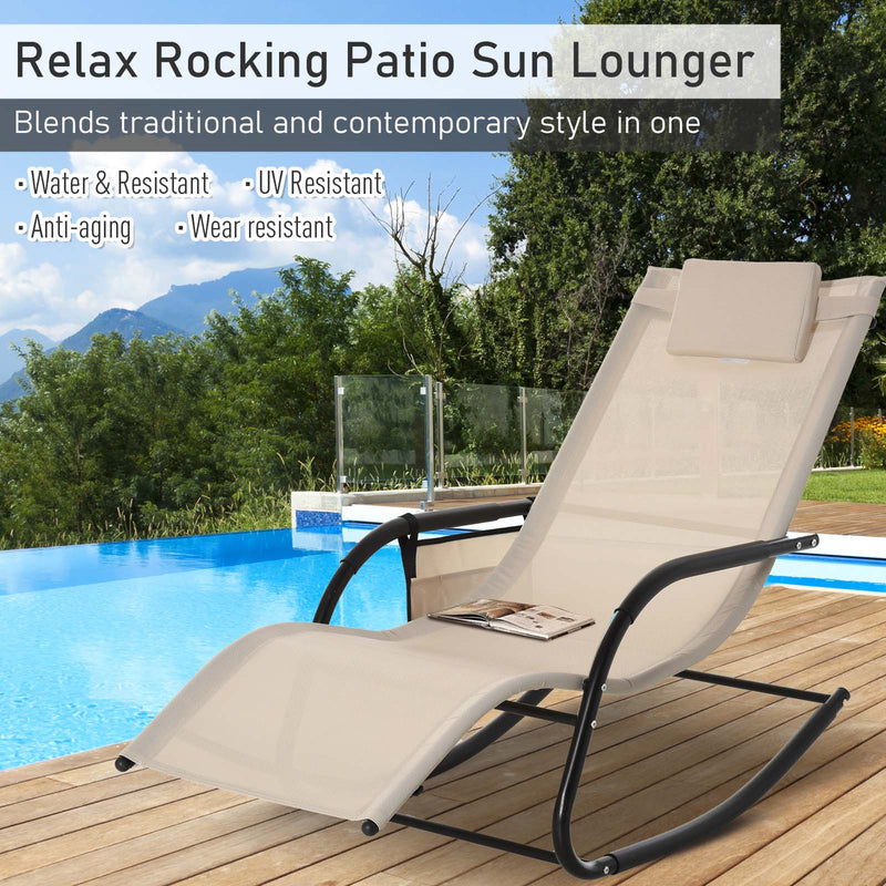 Breathable Mesh Rocking Chair Patio Rocker Lounge for Indoor & Outdoor Recliner Seat w/ Removable Headrest for Garden and Patio Cream White