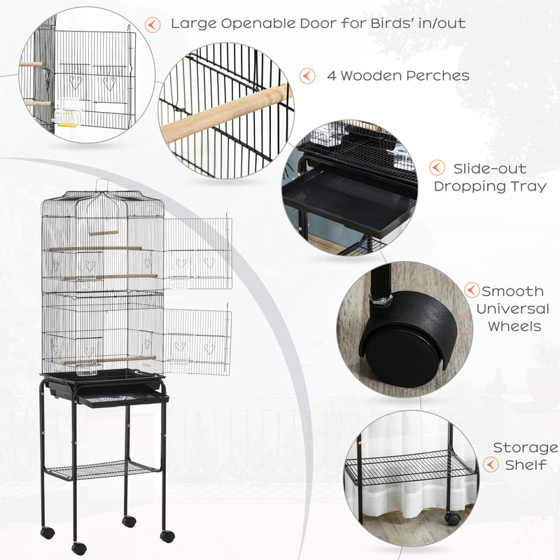 Bird Cage Budgie Cages for Finch Canary Parakeet with Stand Wheels Slide-out Tray Accessories Storage Shelf, Black 36 x 46.5 x 157 cm