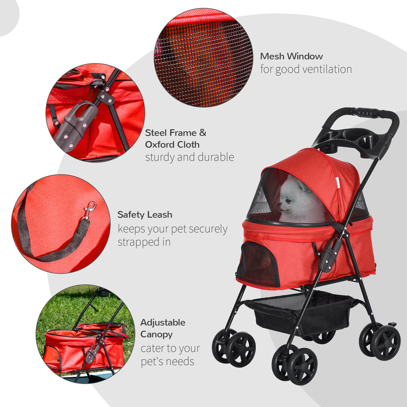 Pet Stroller No-Zip Dog Cat Travel Pushchair Fold Trolley Jogger with EVA Wheels Brake Basket Adjustable Canopy Safety Leash Red