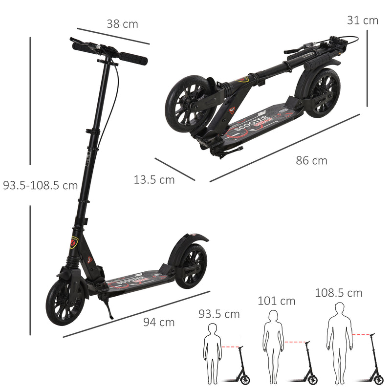 Adult Teens Kick Scooter Foldable Height Adjustable Aluminum Ride On Toy for 14+ with Rear Wheel & Hand Brake, Shock Mitigation System - Black
