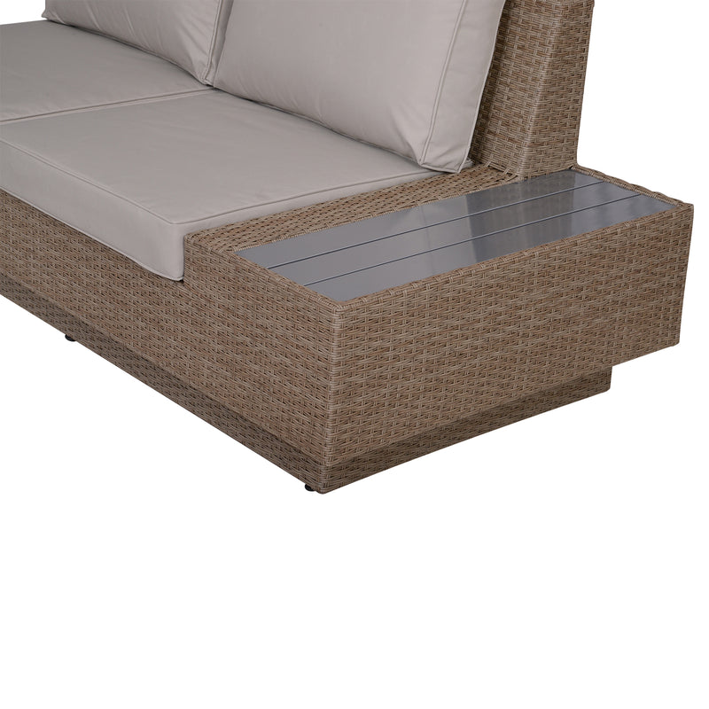 5-Seater Rattan Garden Furniture Outdoor Sectional Corner Sofa and Coffee Table Set Conservatory Wicker Weave w/ Armrest Cushions, Beige