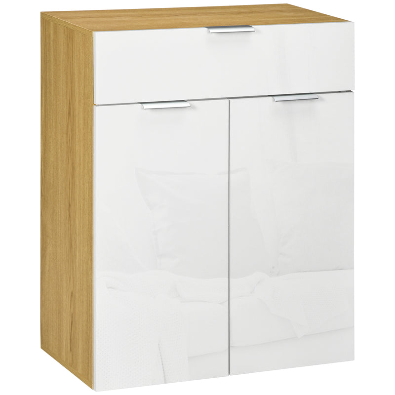 Modern Storage Cabinet, High Gloss Slim Sideboard with Drawer, Door Cupboard, Adjustable Shelves, White and Natural