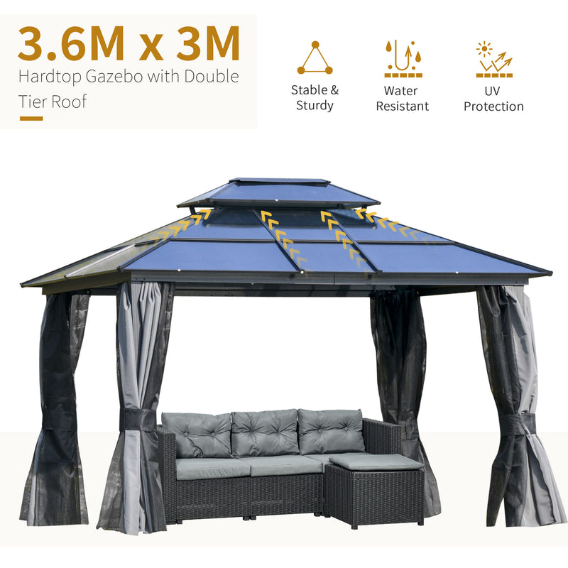 3.6 x 3(m) Polycarbonate Hardtop Gazebo Canopy with Double-Tier Roof and Aluminium Frame, Garden Pavilion with Mosquito Netting and Curtains