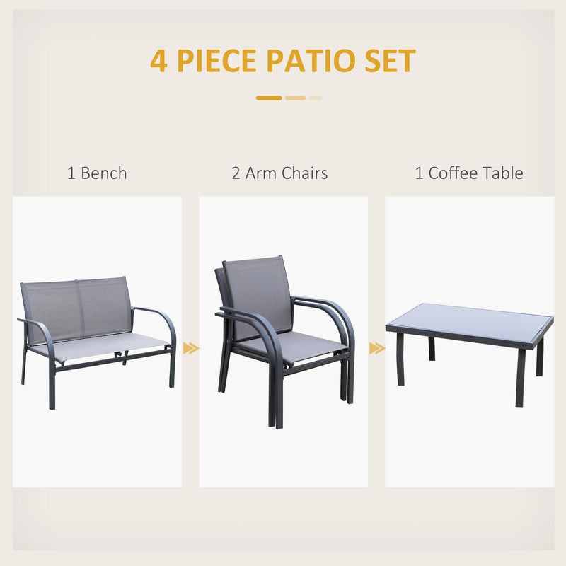 4 pcs Curved Steel Patio Furniture Set w/ Loveseat, Texteline Seats, Glass Top Table For Party Event, Grey