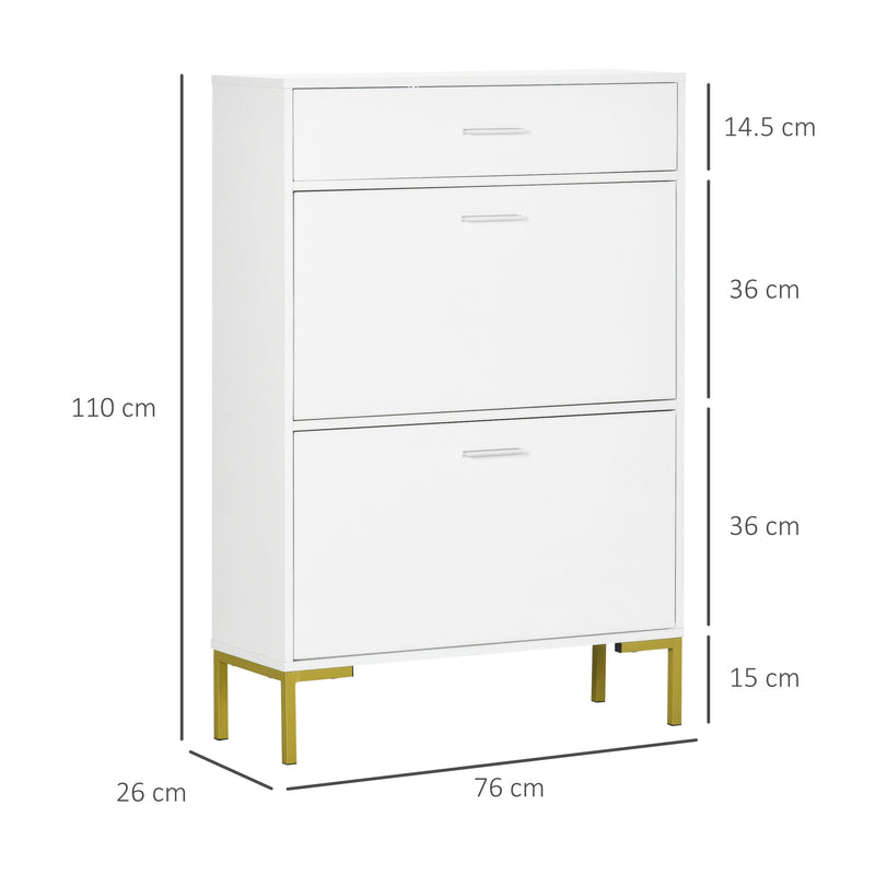 Modern Shoe Cabinet with 2 Flip Doors, Drawer and Adjustable Shelf, Hallway Shoe Cupboard Storage Organizer for 12 Pairs of Shoes, White