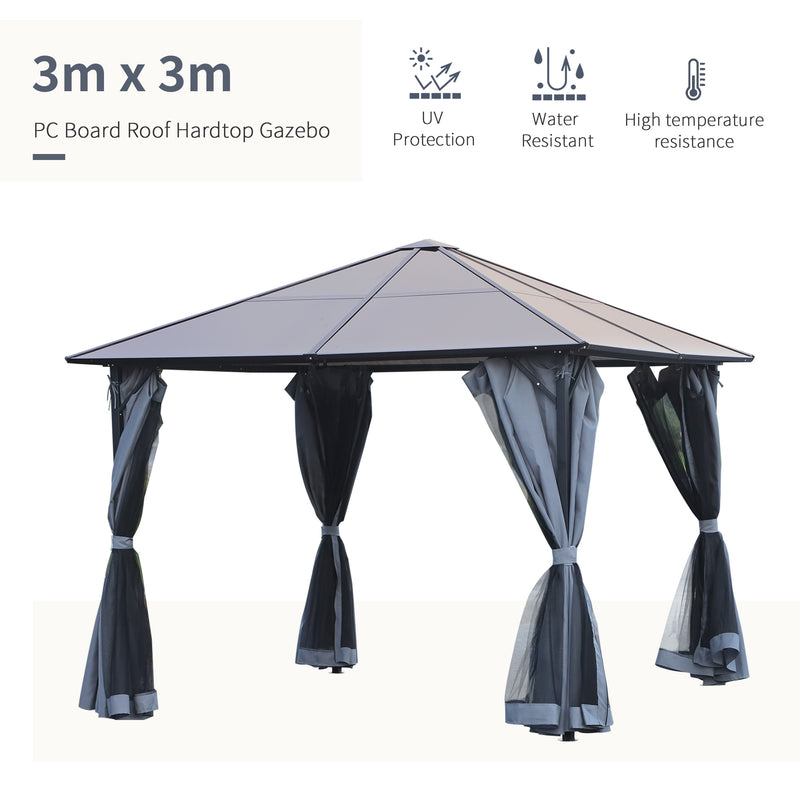3 x 3(m) Garden Aluminium Gazebo Hardtop Roof Canopy Marquee Party Tent Patio Outdoor Shelter with Mesh Curtains & Side Walls - Grey