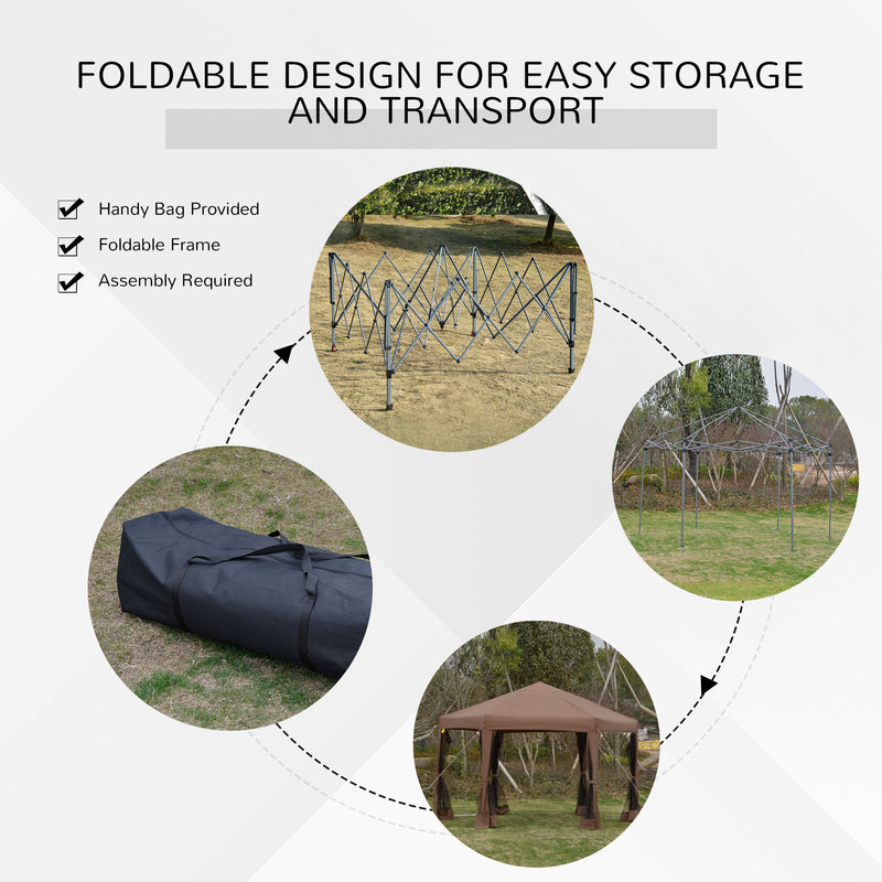 3.2m Pop Up Gazebo Hexagonal Canopy Tent Outdoor Sun Protection with Mesh Sidewalls, Handy Bag, Brown