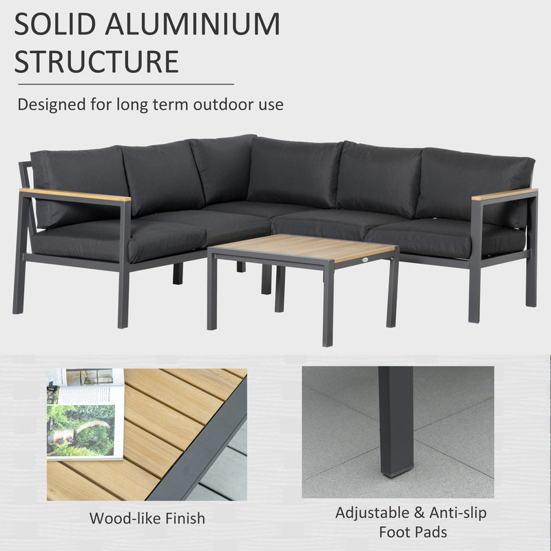 5 Seater L Shape Aluminium Garden Furniture Corner Sofa Set with Coffee Table, Outdoor Conversation Furniture Set w/ Cushions, Dark Grey