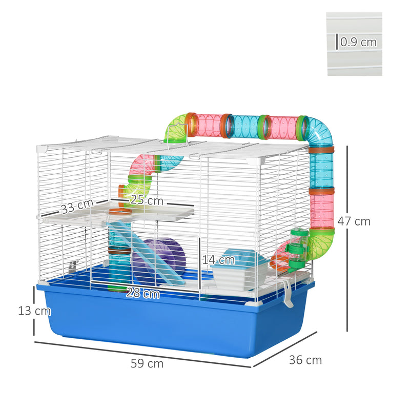 Large Hamster Cage, 3-Level Small Rodents House, with Tube Tunnel, Exercise Wheel, Water Bottle, Food Dish, Ramps, Hut, 59 x 36 x 47 cm, Blue