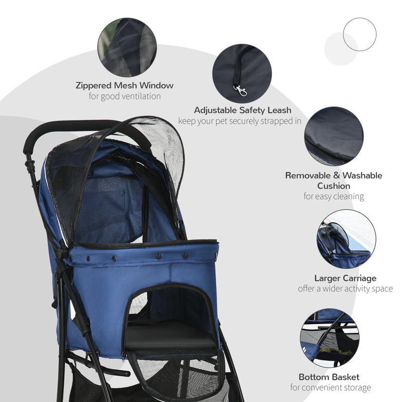 Pet Stroller, Dog Cat Travel Carriage, Foldable Carrying Bag with Large Carriage, Universal Wheels, Brake Canopy, Basket Storage Bag Dark Blue