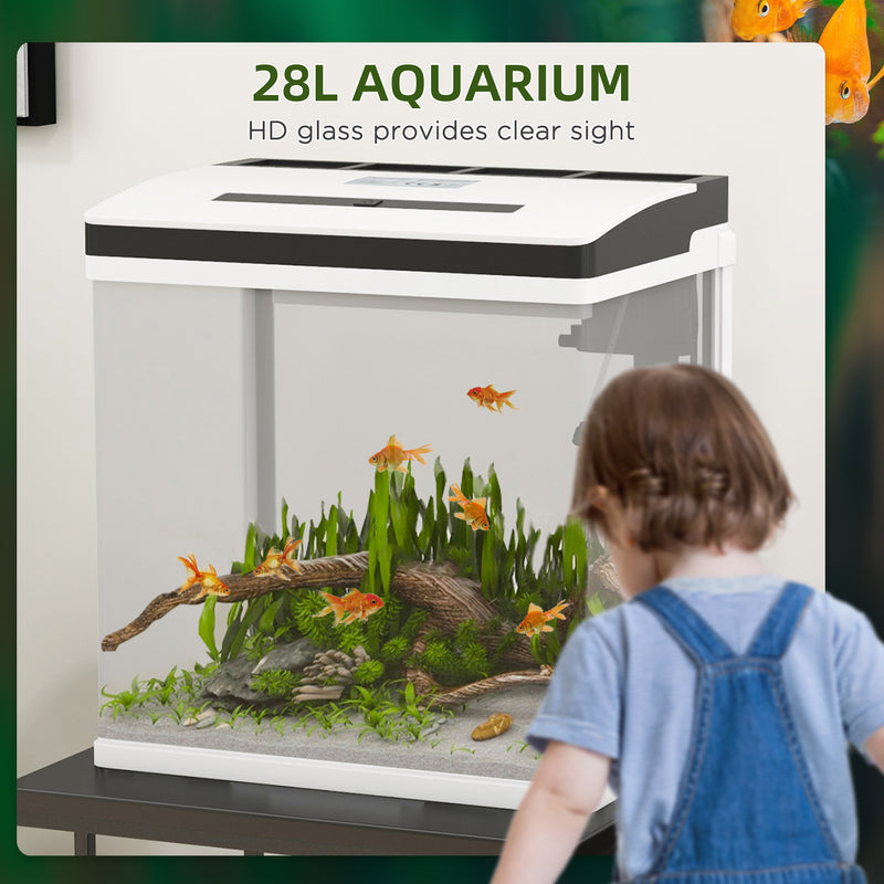28L Glass Aquarium Fish Tank with Filter, LED Lighting, for Betta, Guppy, Mini Parrot Fish, Shrimp, 38 x 26 x 39.5cm