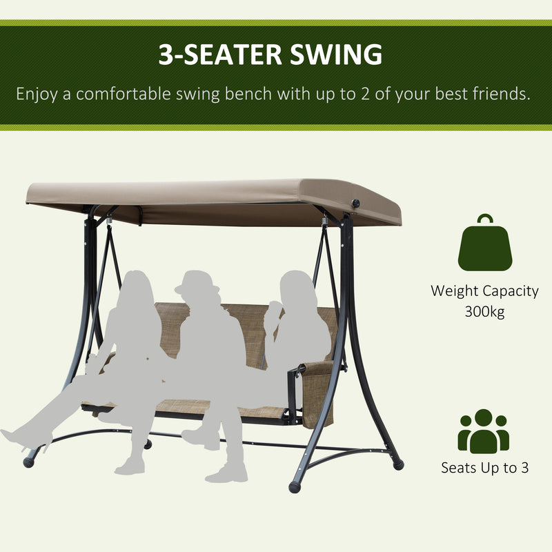 3 Person Outdoor Patio Porch Swing Chair with High Back Design, Side Pouches and Adjustable Canopy, Brown