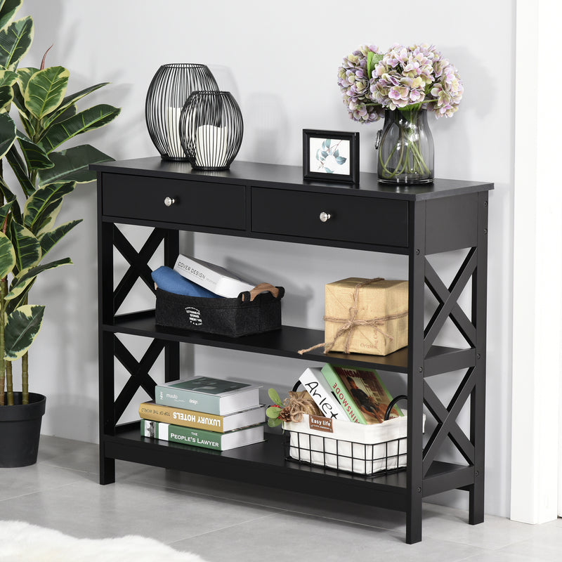Console Table Side Desk w/ Shelves Drawers Open Top X Support Frame Living Room Hallway Home Office Furniture Black