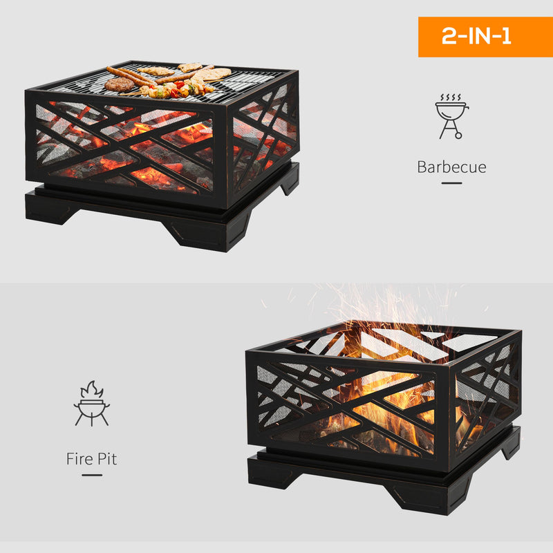 66cm 2 in 1 Square Fire Pit Metal Brazier for Garden, Patio with BBQ Grill Shelf & Spark Screen Cover & Poker, Black