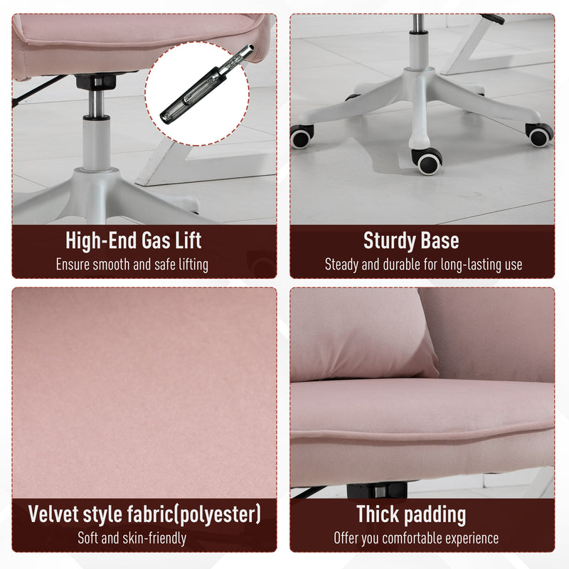 Velvet-Feel Tub Office Chair w/ Massage Pillow Wheels Adjustable Height Ergonomic Padding Luxe Home Style Seat Pink