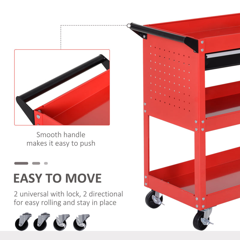 3-Tier Tool Trolley Cart Storage Shelf Roller Cabinet DIY Box Garage Workshop with Drawer Red