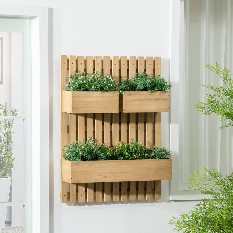 Wall-mounted Wooden Garden Planters with Trellis, Drainage Holes and 3 Movable Planter Boxes, Wall Raised Garden Bed for Patio, Natural